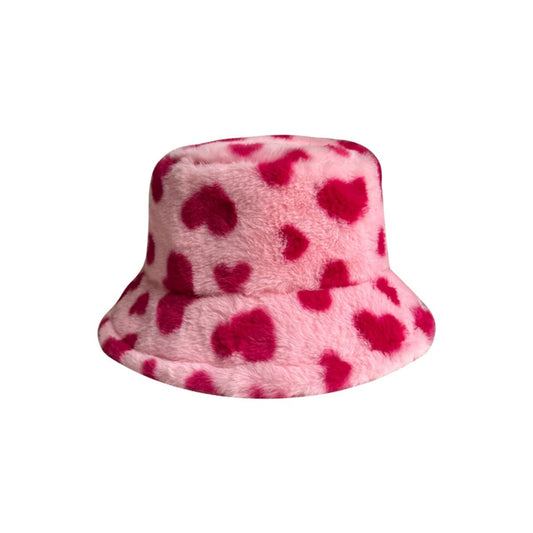 Fluffy Pink Heart Print Faux Fur Bucket Hat Winter Cap Y2K Aesthetic