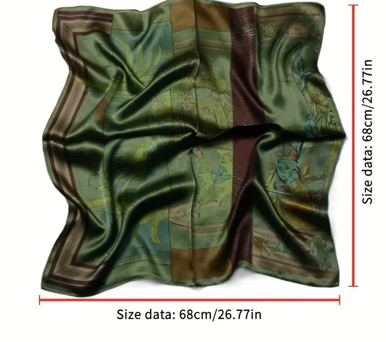 Silky Satin Equestrian Scarf Green Burgundy Horse Print Square Fashion Women