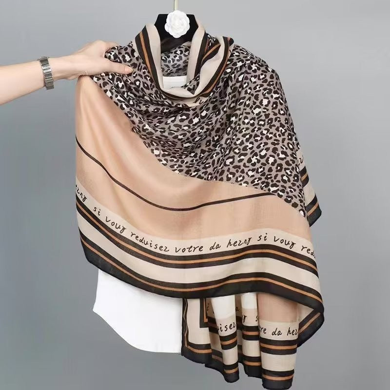 Beige Leopard Script Stripe Scarf Shawl Wrap Cotton Feel