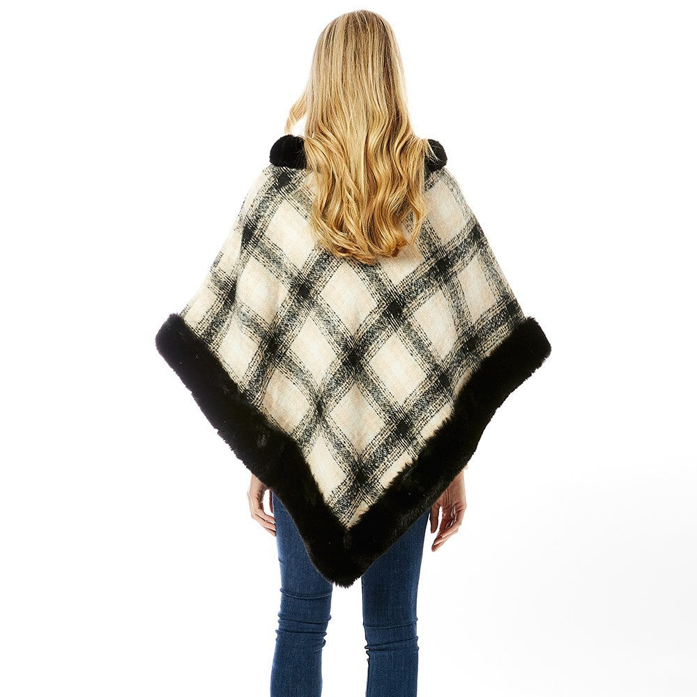 Plaid Check Poncho with Faux Fur Trim Women’s Cape Shawl Layered Winter Wrap