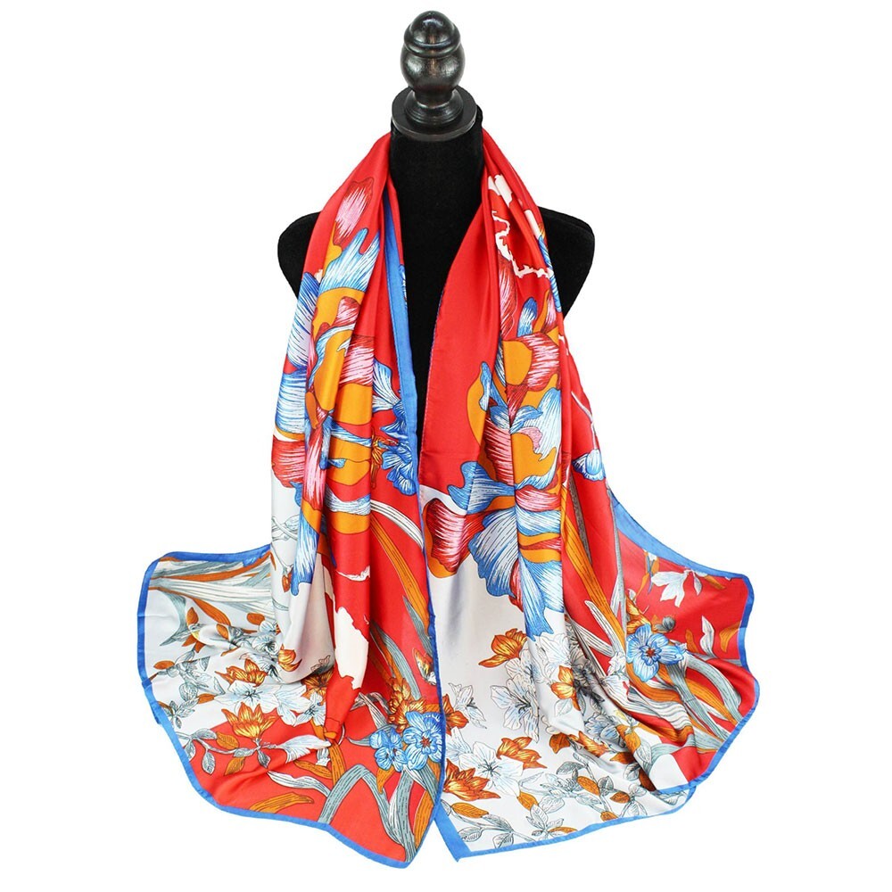Flower Pattern Oblong Silky Satin Scarf Shawl Lightweight Soft Wrap for Women