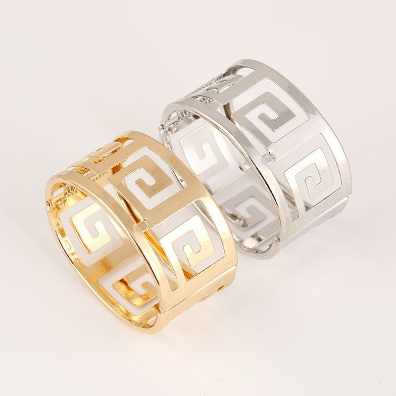2pc Greek Key Wide Cuff Bracelet Set Gold & Silver Tone Hinged Clamper Jewelry