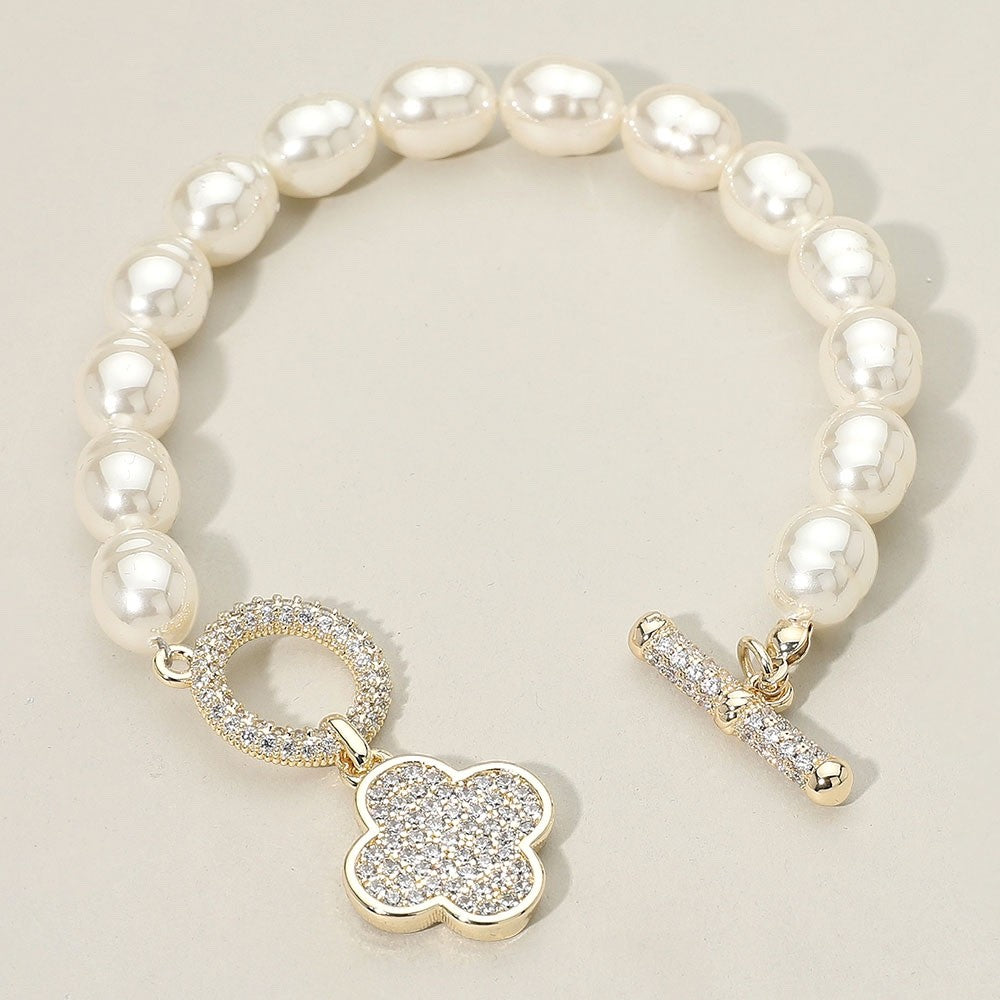 Crystal Clover Pearl Toggle Bracelet - Gold Pave Flower Charm Bridal Jewelry