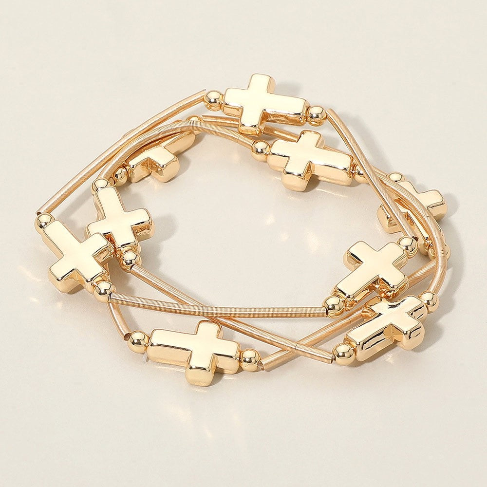 3pc Gold Cross Charm Coil Stretch Bracelet Set - Religious Faith Jewelry Gift