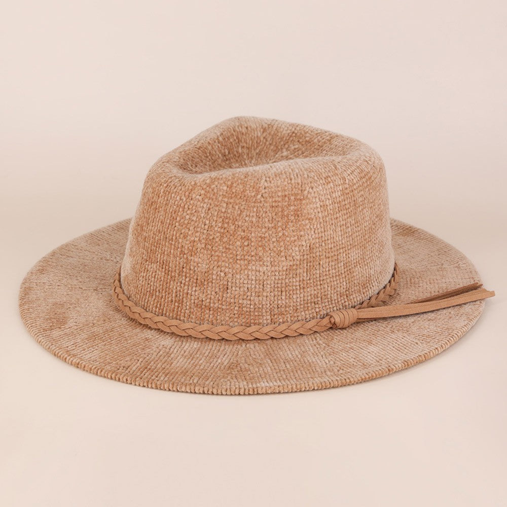 One Size Solid Knit Panama Fedora Hat Wide Brim w/ Braided Band for Women Beige