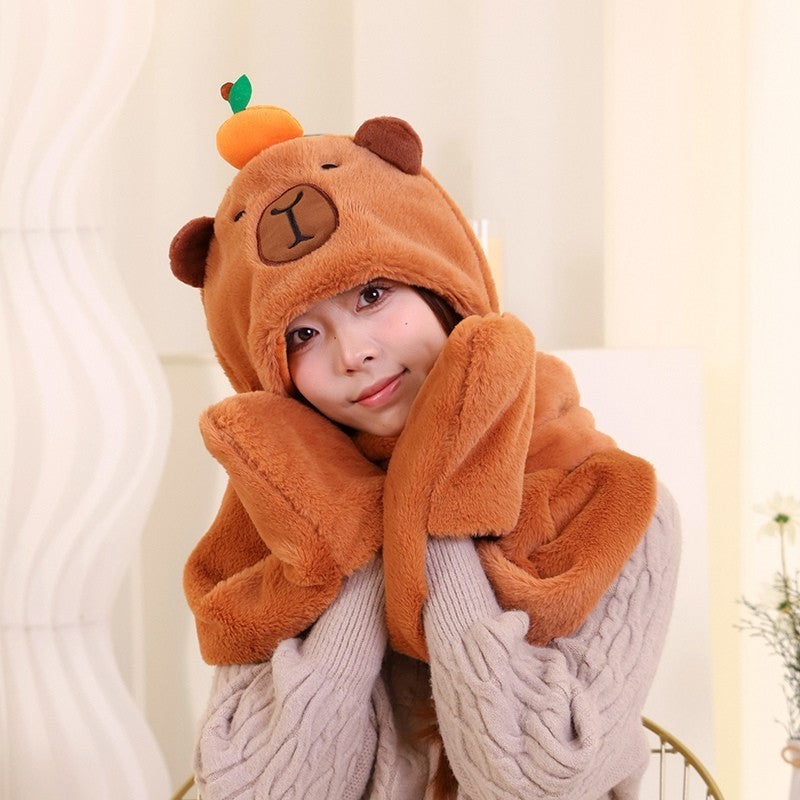 Cute Bear Plush Hat Scarf Mittens Set 3-in-1 Warm Winter Headwear