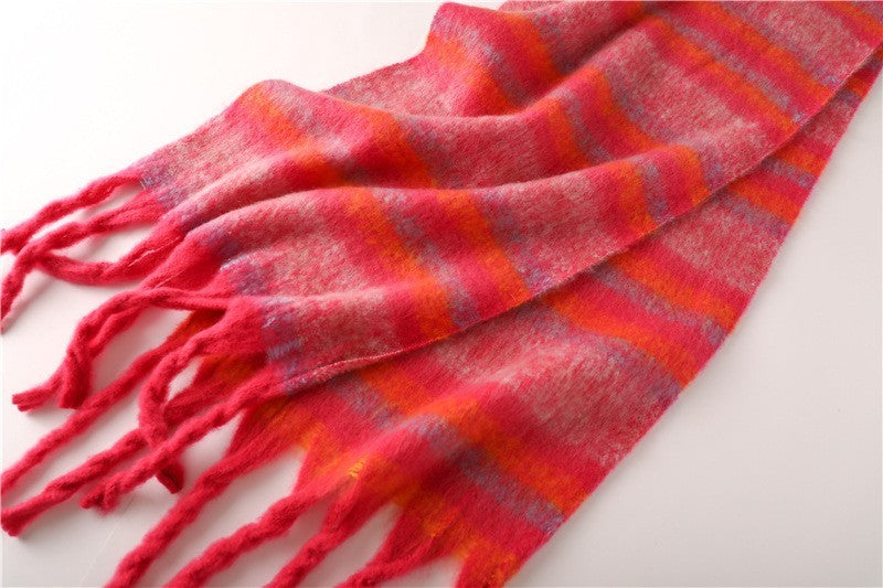 Women's Pink Striped Knitted Tassel Scarf Winter Warm Cozy Pashmina Shawl