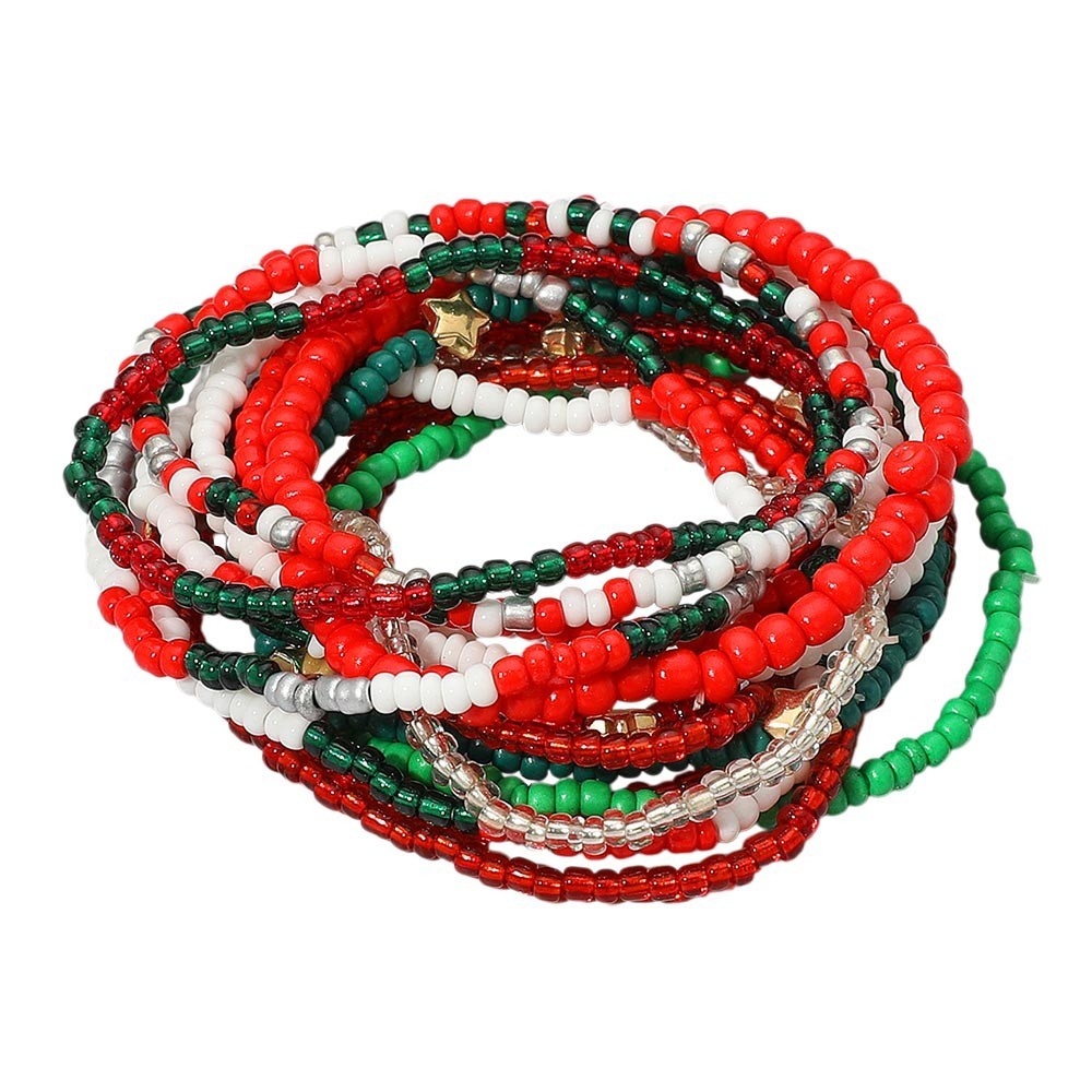 15Pc Christmas Seed Bead Bracelet Set Red Green White Stretch Holiday Stack Star