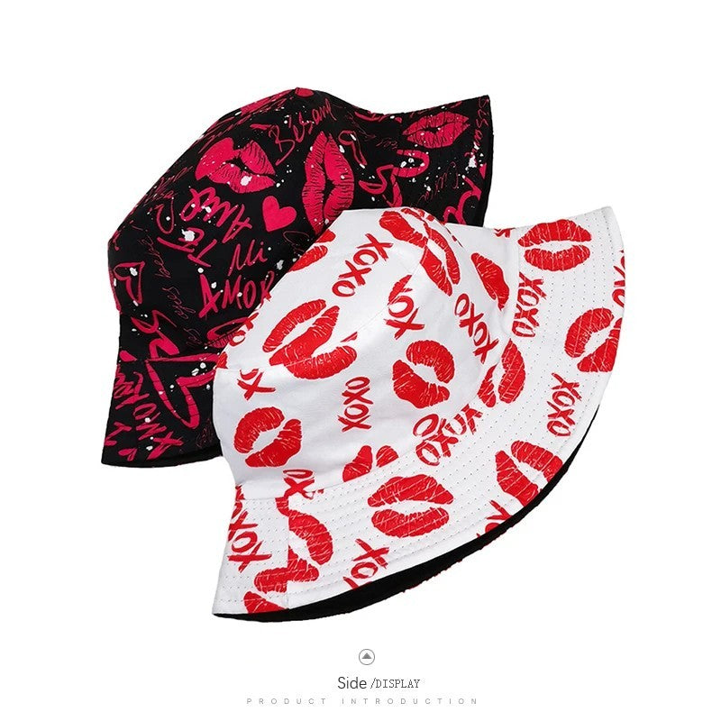 2X Reversible Bucket Hat Set Lips XOXO Graffiti Print Black White Unisex Y2K