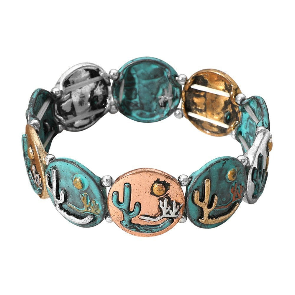2PCS Western Cactus Embossed Stretch Bracelet Set Southwest Boho Jewelry Gift