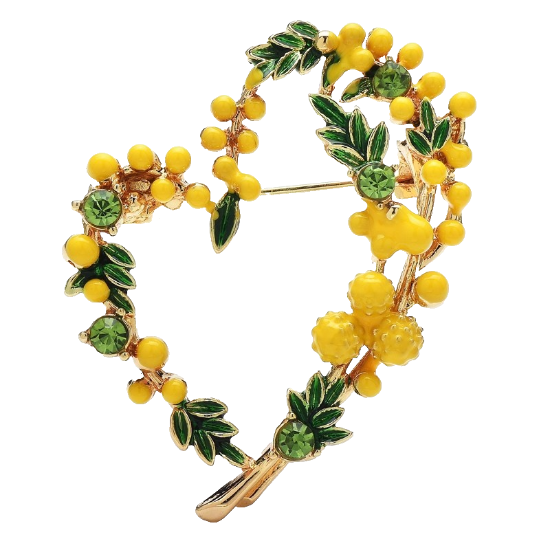 2 Pcs Heart Wreath Brooch Pin Lot Red Berry & Yellow Mimosa Enamel Rhinestone