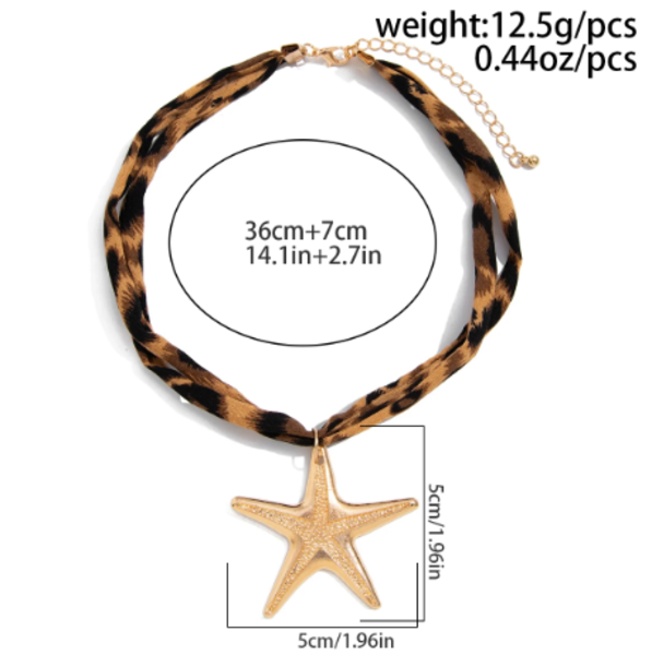 Animal Print Fabric Necklace Gold Tone Star Pendant Statement Jewelry for Women