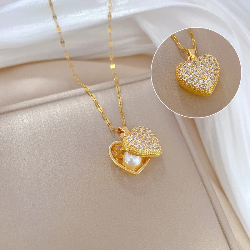 Luxury Cubic Zirconia Pearl Heart Locket Necklace Gold Tone