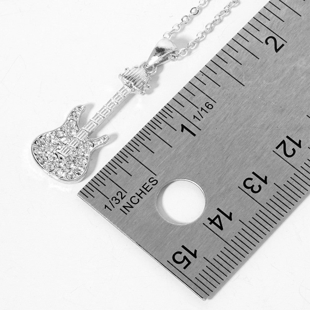 Silver Tone Chain Clear Stone Paved Electric Guitar Pendant Necklace for Women
