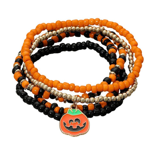 Halloween Pumpkin Charm Beaded Stretch Multi Layer Bracelet Set – 5 Piece
