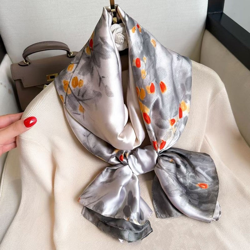 Cream Floral Black Pattern Scarf Wrap 71x35 in Large Silk Feel Shawl Soft
