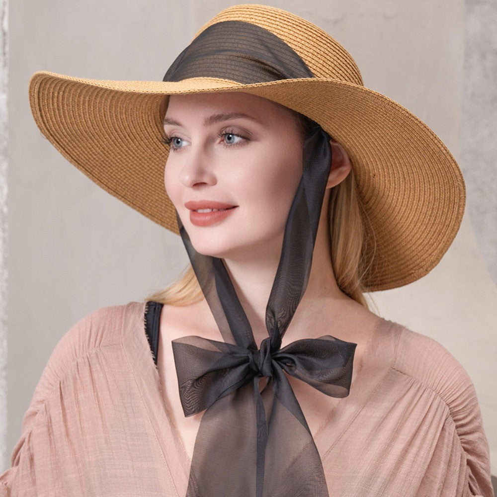 Black Mesh Ribbon Floppy Straw Sun Hat Women's Khaki 100% Paper Made 16.7"x16.6"