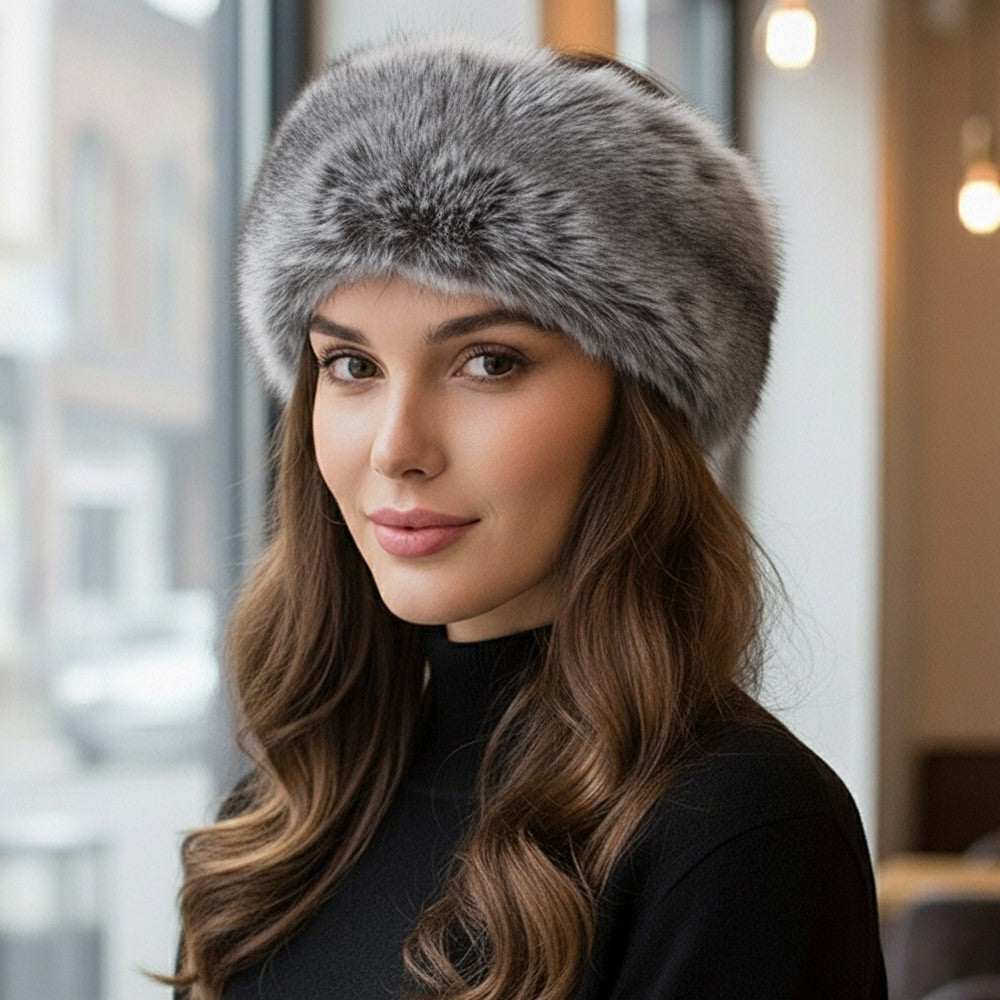 2pcs Faux Fur Headband Set Winter Ear Warmer Stretchy Burgundy Grey