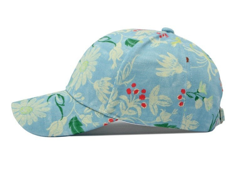 Floral Daisy Baseball Cap Light Blue Denim Style Cotton Hat Women's Summer