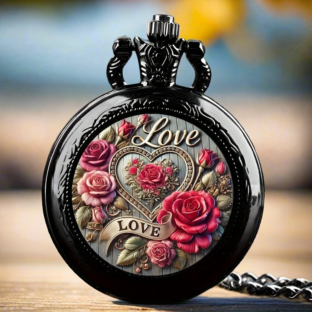 Black Rose Love Pocket Watch Necklace Quartz Full Hunter Unisex Romantic Gift