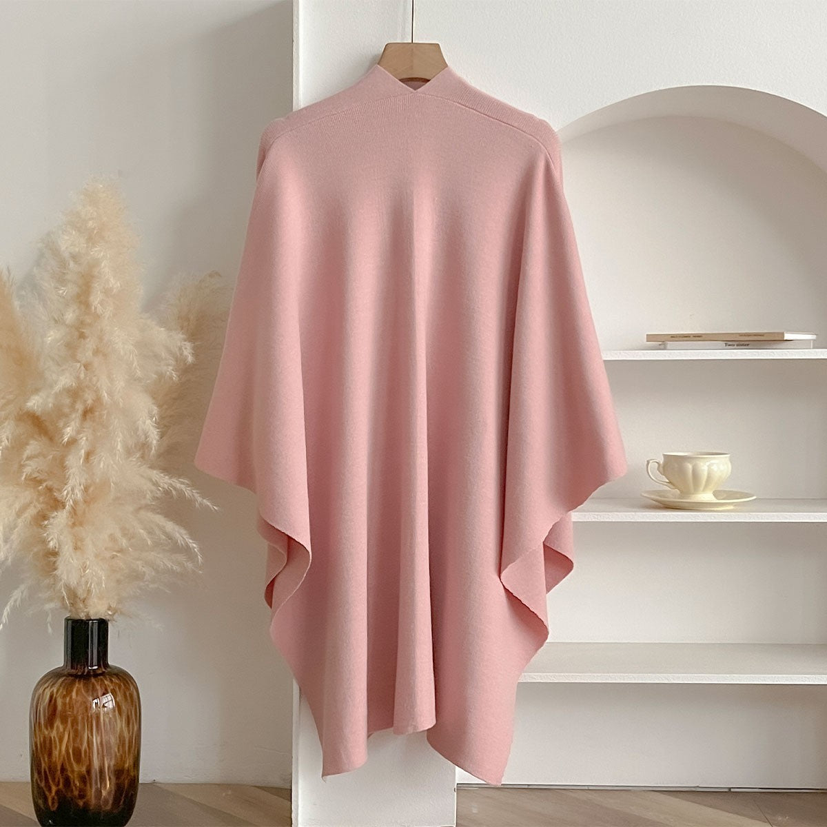 Women's Knit Poncho Cape Wrap Shawl Cashmere Feel Pink  Open Front One Size