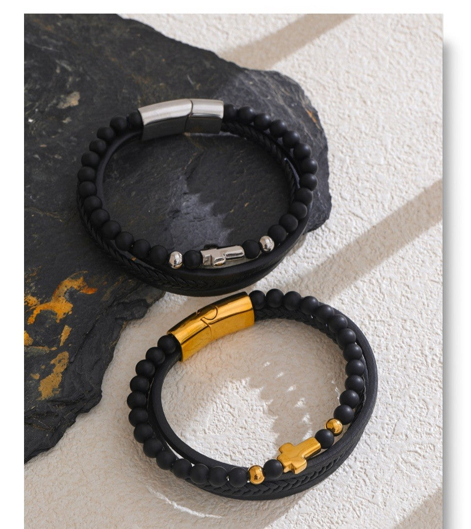 2PCS Black Leather Beaded Cross Bracelet Set Gold Silver Tone Stainless Steel