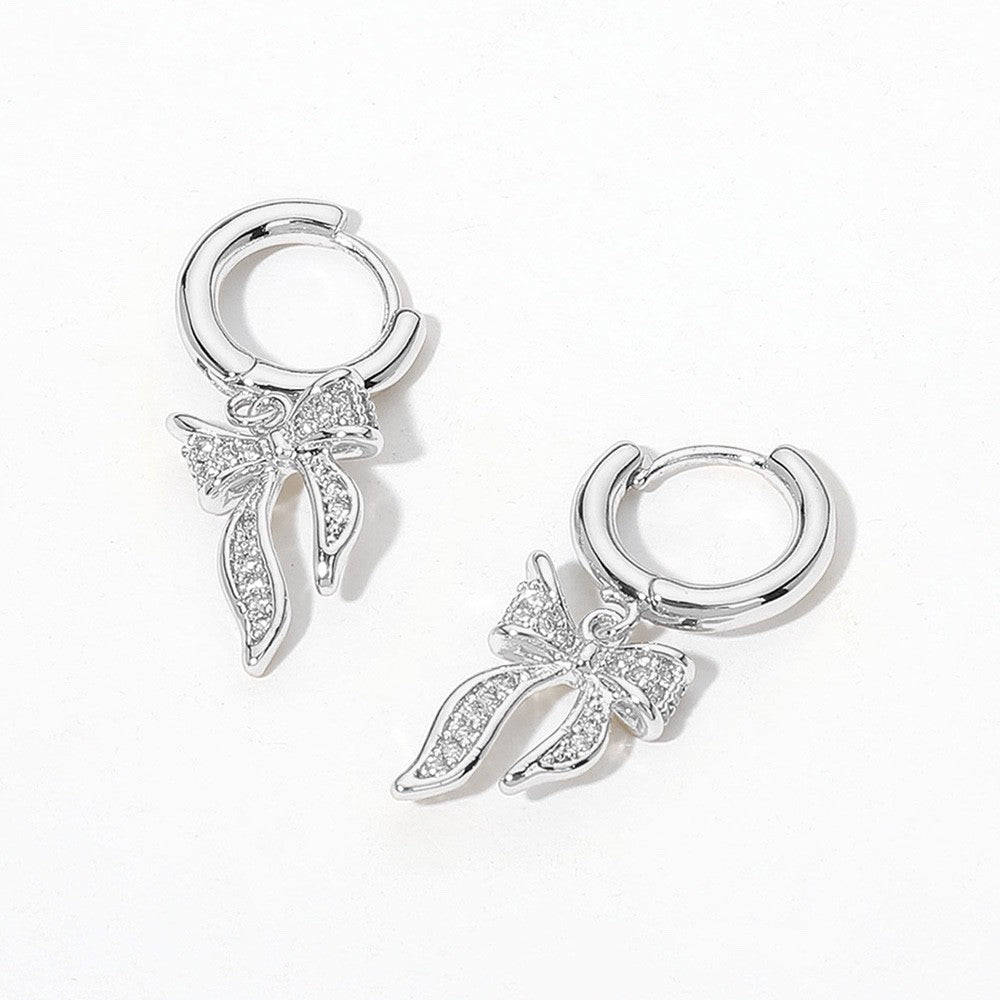 White Gold Dipped Cubic Zirconia Bow Huggie Hoop Earrings Coquette Jewelry Gift