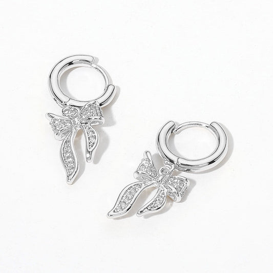 White Gold Dipped Cubic Zirconia Bow Huggie Hoop Earrings Coquette Jewelry Gift
