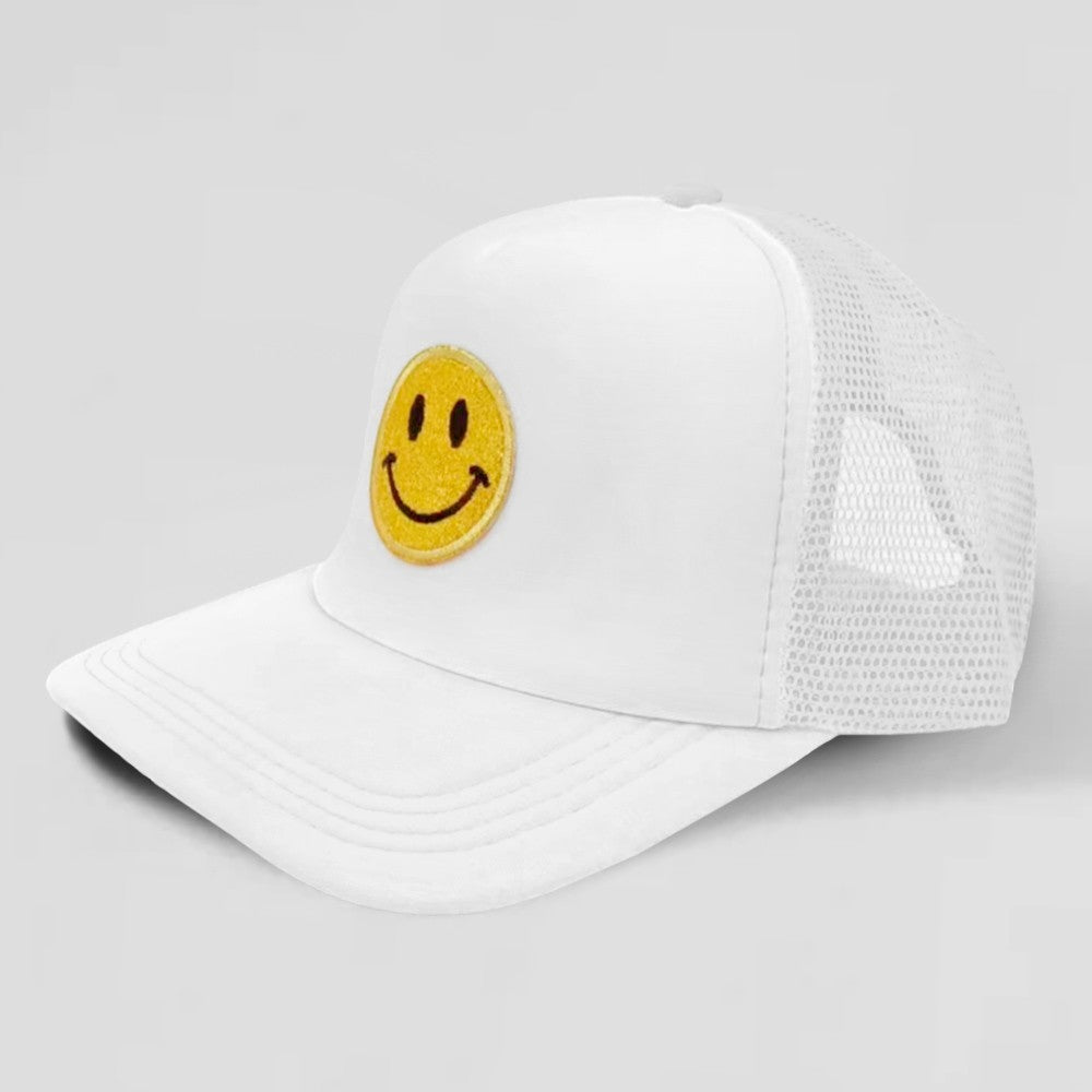 Smile Emoji Patch Accented Trucker Hat White Mesh Back Curve Brim Adjustable