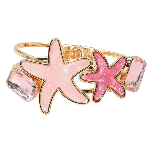 Pink Glittered Starfish Hinged Bangle Bracelet with Gold Tone Detail