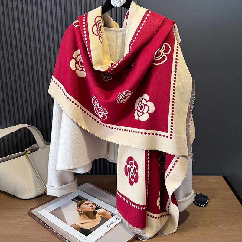 Red Camellia Floral Cashmere Feel Scarf Shawl Wrap 25.6 x 72.8 in Oversize Gift