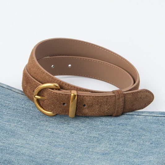 2pcs Women Suede Leather Belt Gold Horseshoe Buckle Set Black Brown 41in