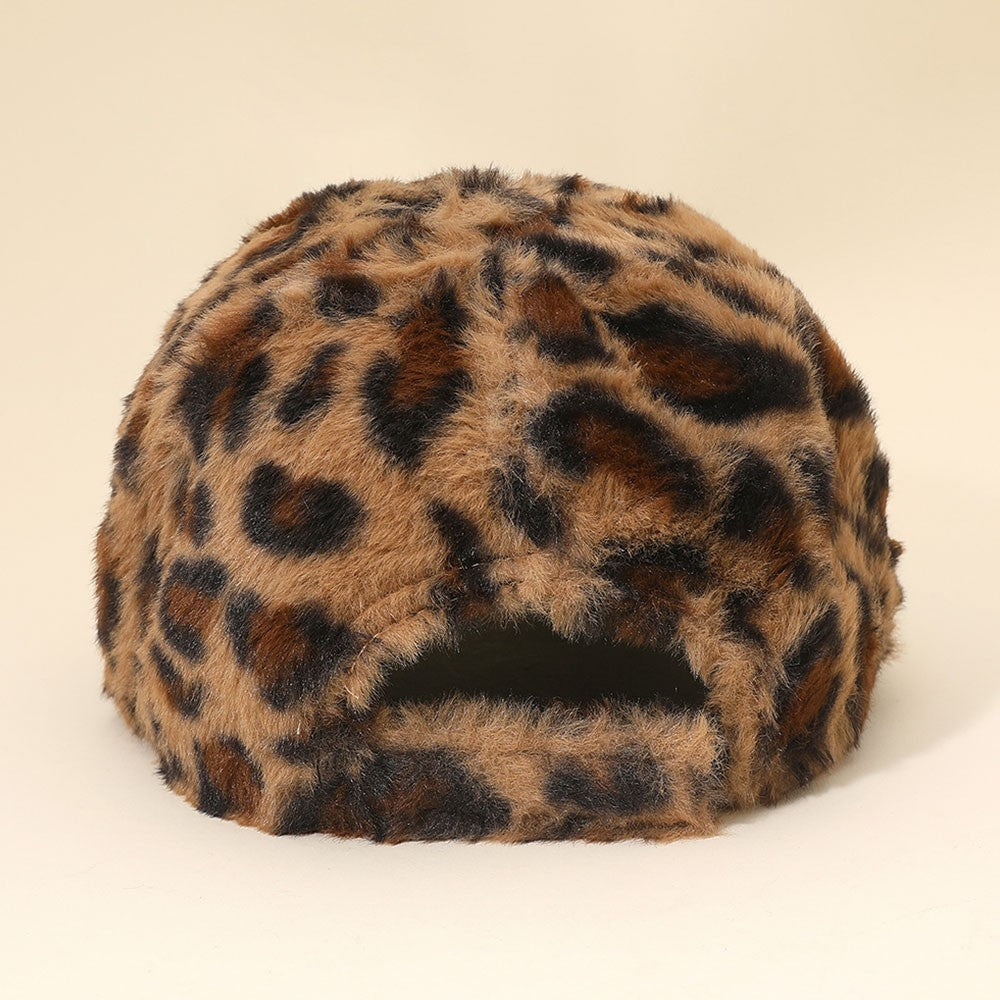 Funky Faux Fur  Beige Leopard Print Baseball Cap Adjustable Unisex Hat