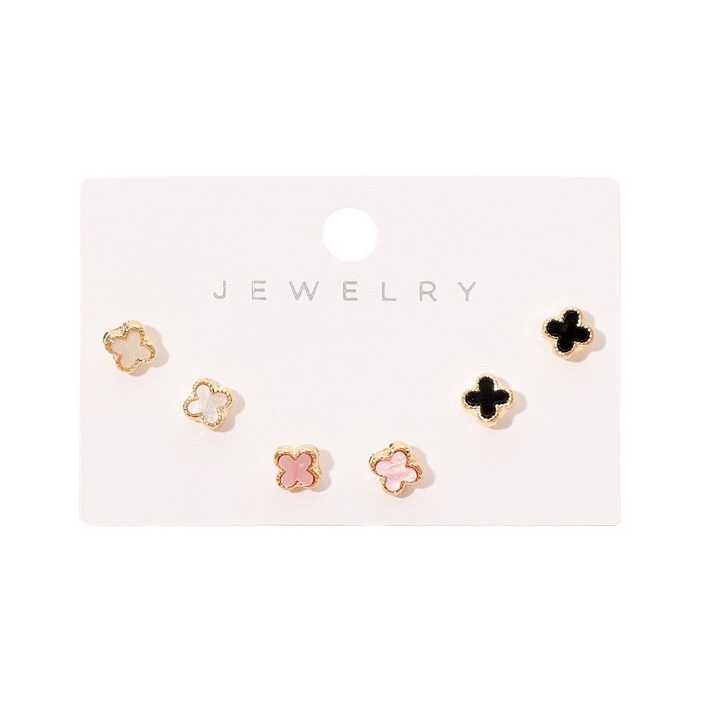 3pc Clover Stud Earrings Set Small Enamel Flower Jewelry for Women & Girls