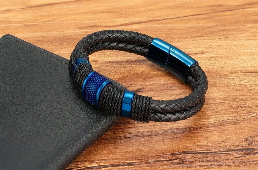 2-in-1 Men’s Double-Layer Braided Leather Bracelet Set Masculine Jewelry Gifts