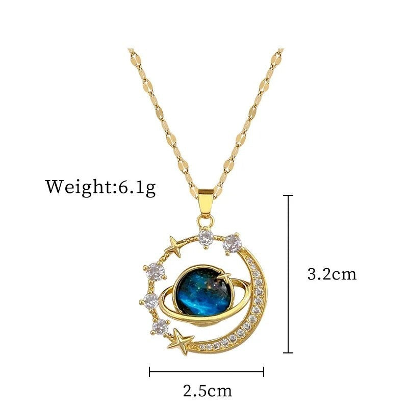 Cosmic Planet Moon Star Pendant Necklace Gold Plated Space Celestial Jewelry