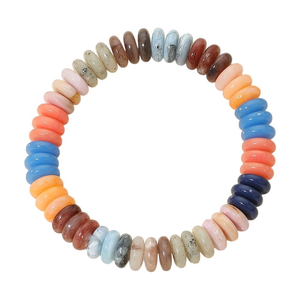 Colorful Marbled Resin Disc Bead Stretch Bracelet Bohemian Stackable 0.4"