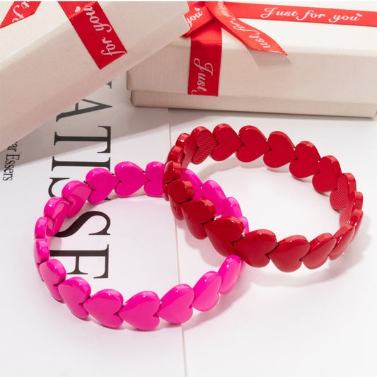 Heart Stretch Bracelet Set Hot Pink Red Love Beaded Valentine's Day Jewelry Gift