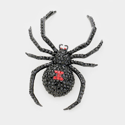 Red Black Enamel Rhinestone Spider Brooch Pin Gold Tone Statement Gothic Jewelry
