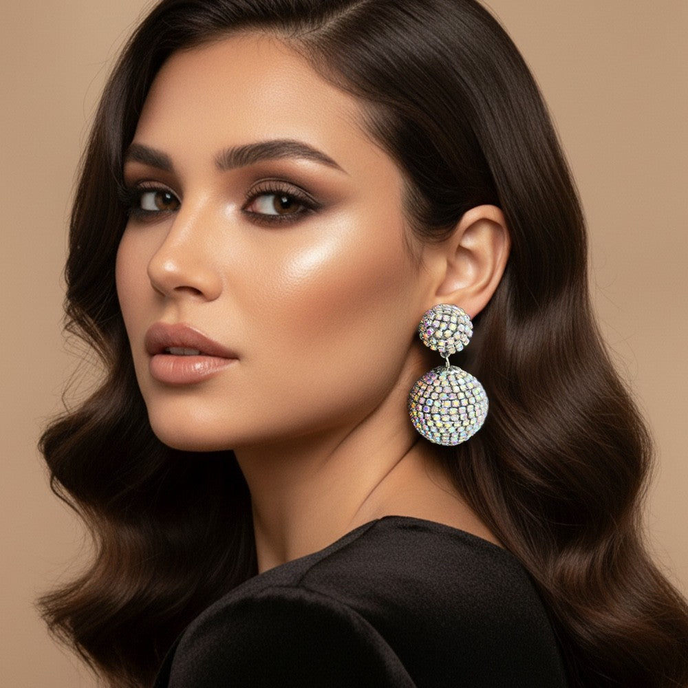 Dazzling AB Iridescent Rhinestone Disco Ball Double Sphere Statement Earrings