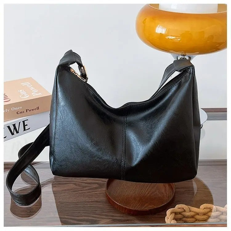 Black Faux Leather Hobo Shoulder Bag With Adjustable Strap