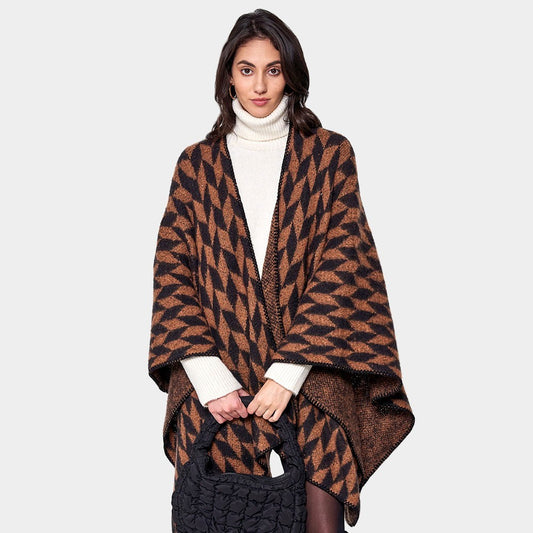 Geometric Patterned Knit Kimono Poncho Open Front Cape Wrap for Women Brown