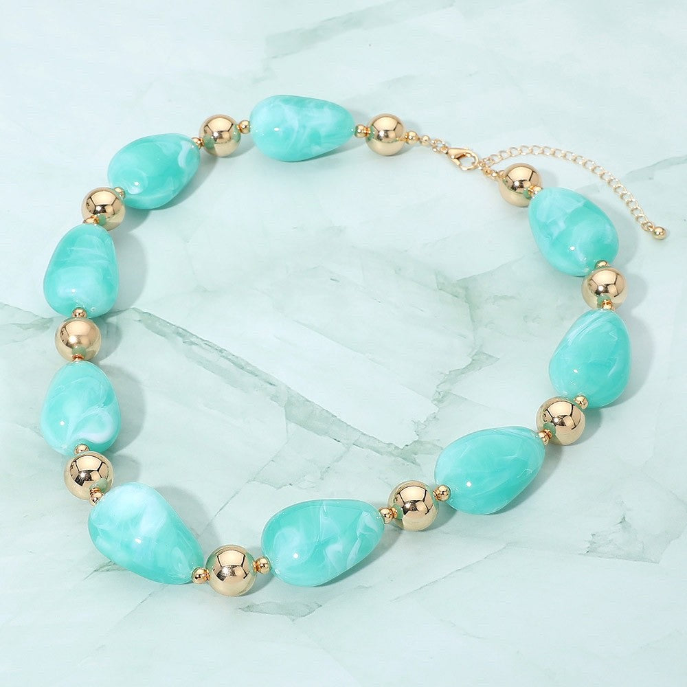 Mint Marbleized Resin Teardrop Bead & Gold Ball Statement Necklace