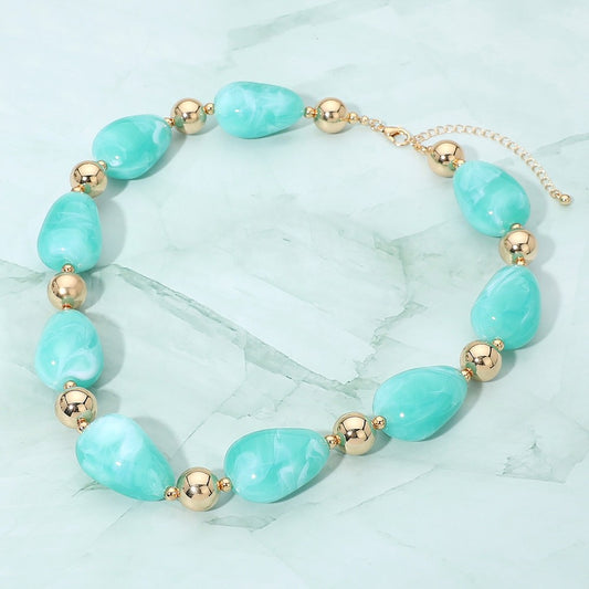 Mint Marbleized Resin Teardrop Bead & Gold Ball Statement Necklace