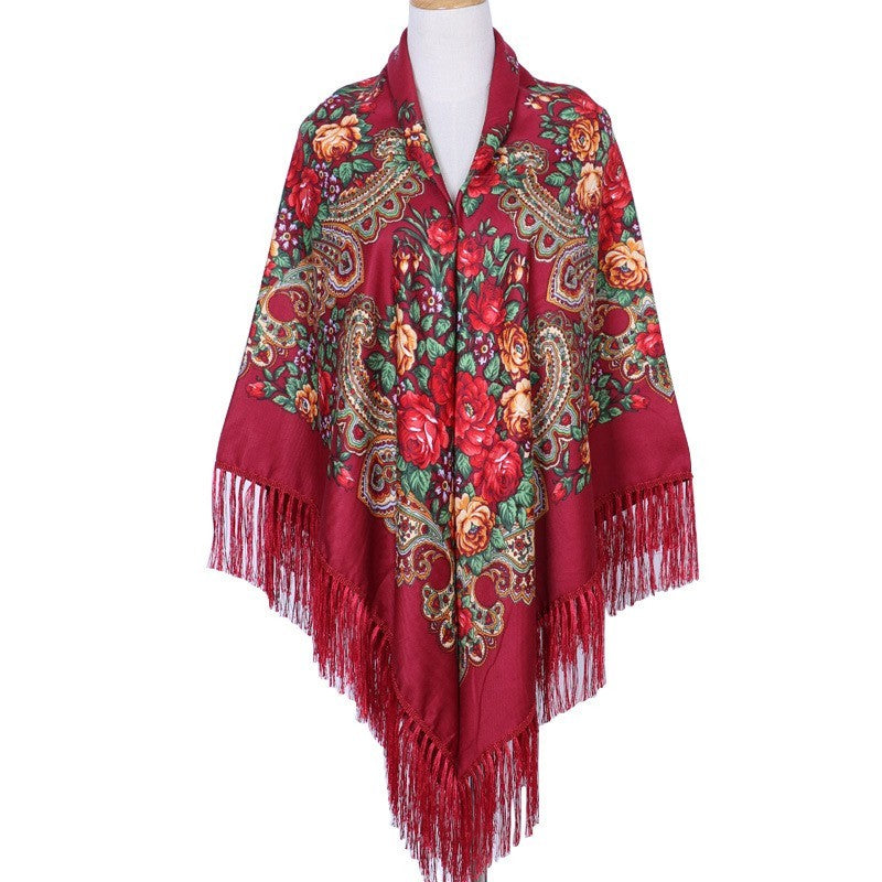Red Floral Fringe Shawl Wrap Cotton Poly Blend Scarf Bohemian Style Statement
