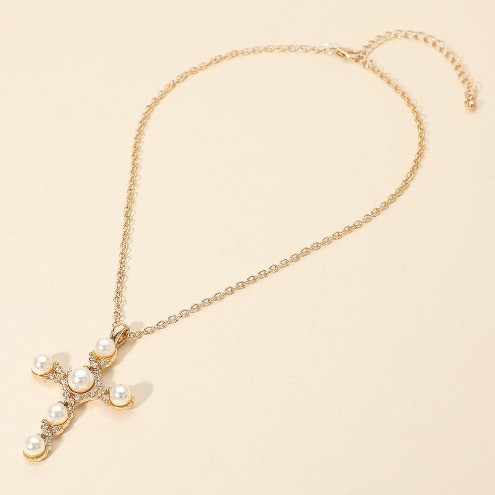 Faux Pearl Cross Pendant Necklace Gold Tone Rhinestone Religious Fashion Jewelry