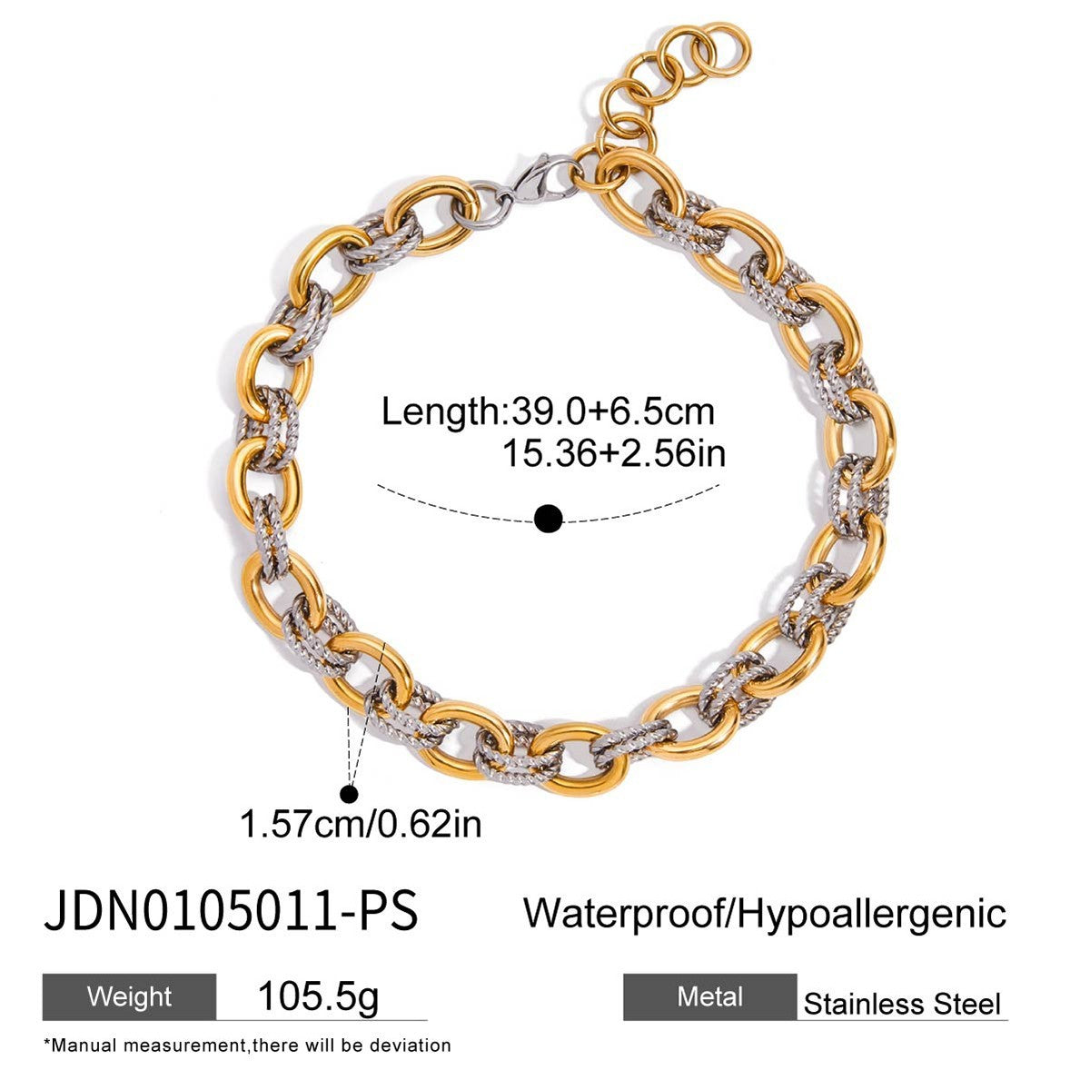 Two-Tone Stainless Steel Curb Chain Necklace & Bracelet Set 2PC Men Women Gift