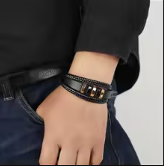 Stainless Steel Magnetic Leather Bracelet for Men Gold  Tone Jewelry Gift 8.3in