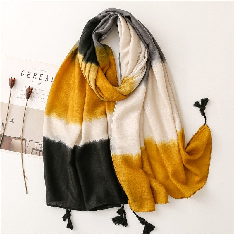 Dip Dye Ombre Scarf Wrap Shawl 71" Cotton Viscose Black Yellow Tassel