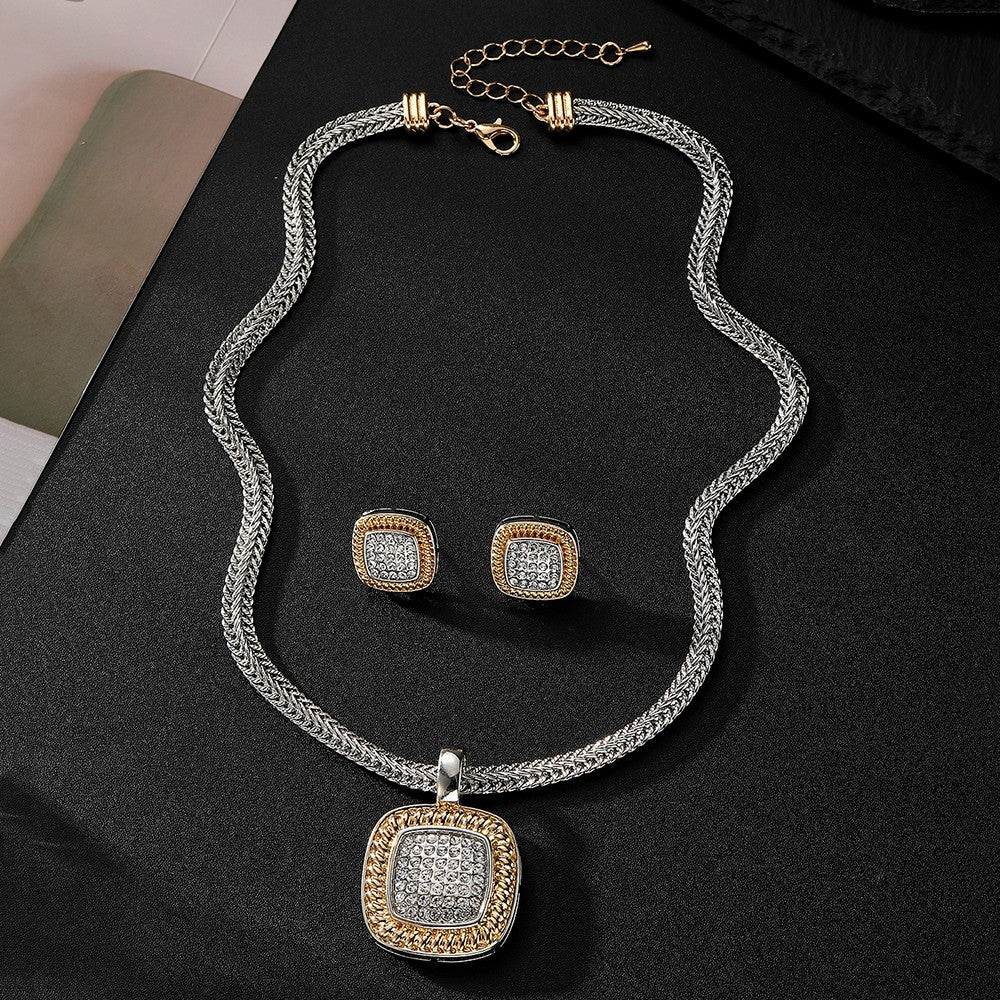 Two Tone Crystal Cushion Pendant Necklace with Braided Chain Earrings Set